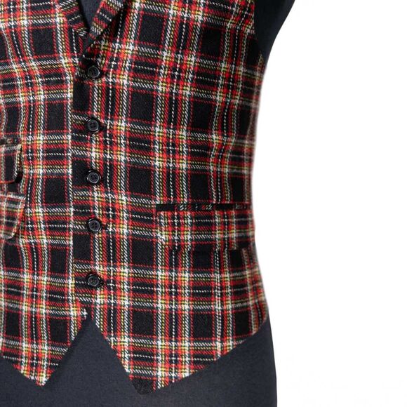 Mens Tartan Plaid Vest 40R Black Orange Wool Waistcoat Wedding Prom Formal Party - Picture 6 of 9